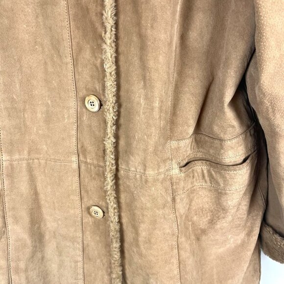 Vintage Y2K Gallery Hooded Suede Leather Penny Lane Coat Faux Fur Trim Sz L Warm - Picture 7 of 12